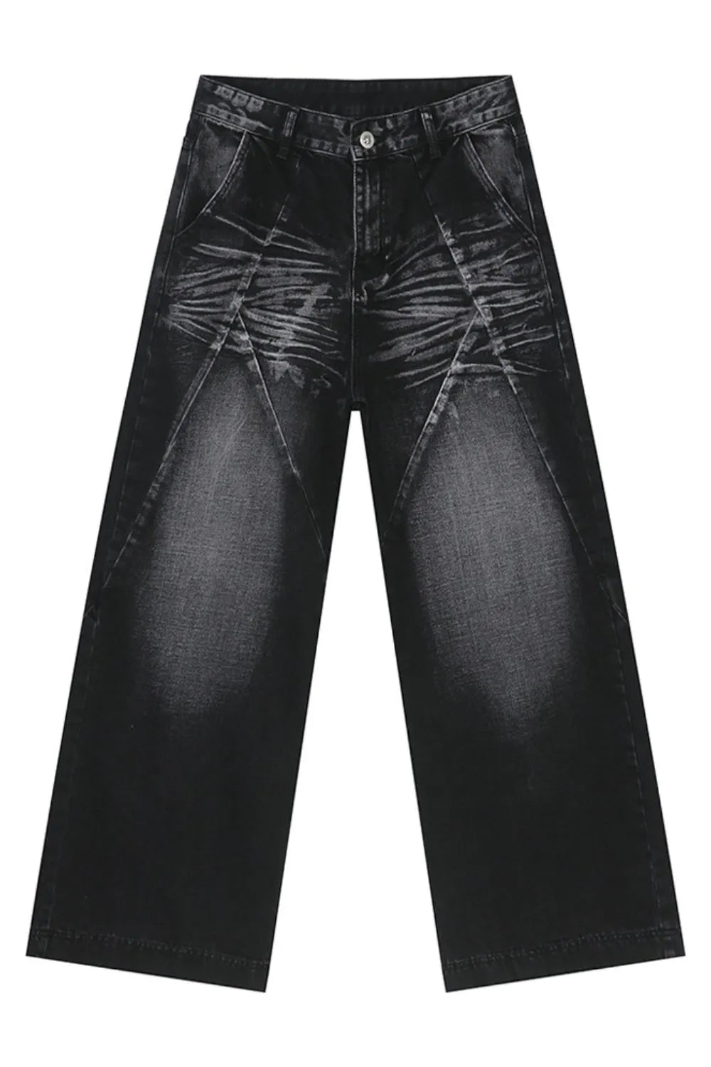 Dark wash wide leg denim jeans with sculpted panel detailing and a relaxed fit.
