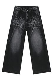 Dark wash wide leg denim jeans with sculpted panel detailing and a relaxed fit.