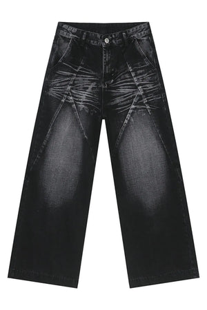 Dark wash wide leg denim jeans with sculpted panel detailing and a relaxed fit.