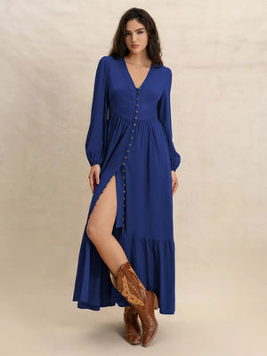 Blue viscose maxi dress with V-neck, button front, smocked waist, long sleeves, and high slit.
