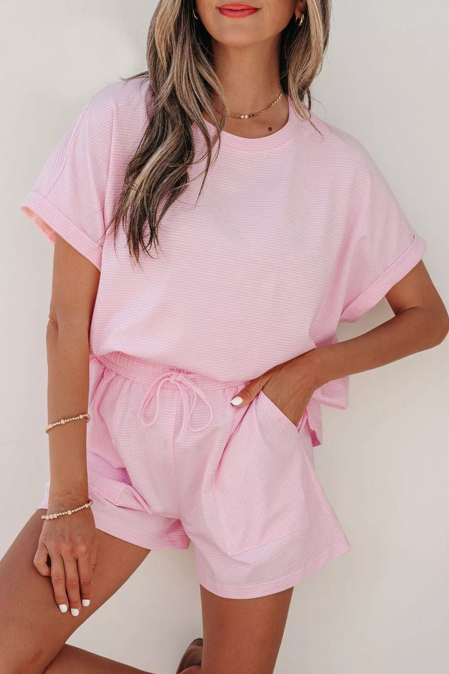 Pink striped cotton tee and drawstring shorts set with cuffed sleeves and pockets