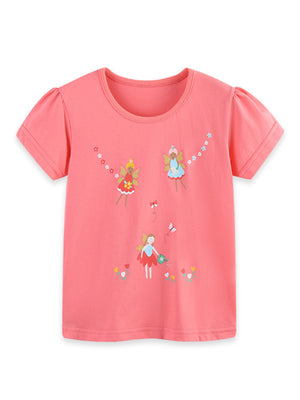 Coral cotton crew neck t-shirt with puff sleeves and fairy graphics