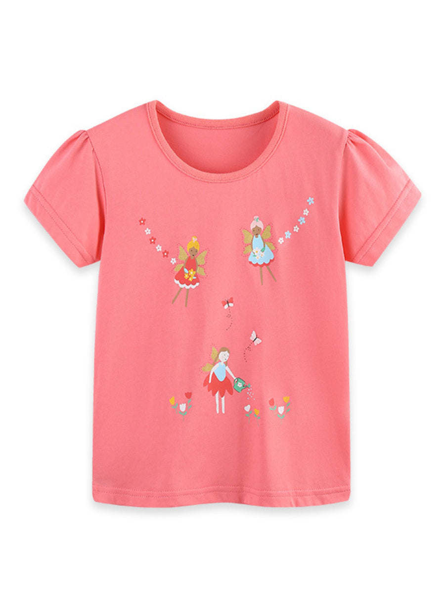 Coral cotton crew neck t-shirt with puff sleeves and fairy graphics