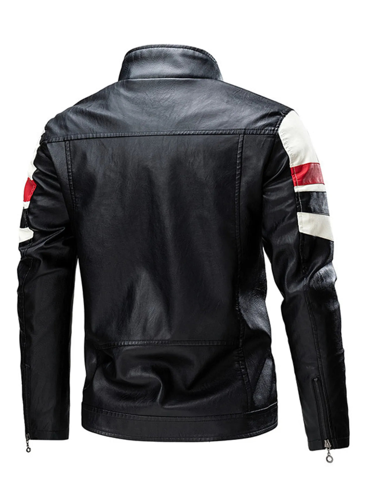 Black leather moto jacket with red, white, and black striped sleeves.