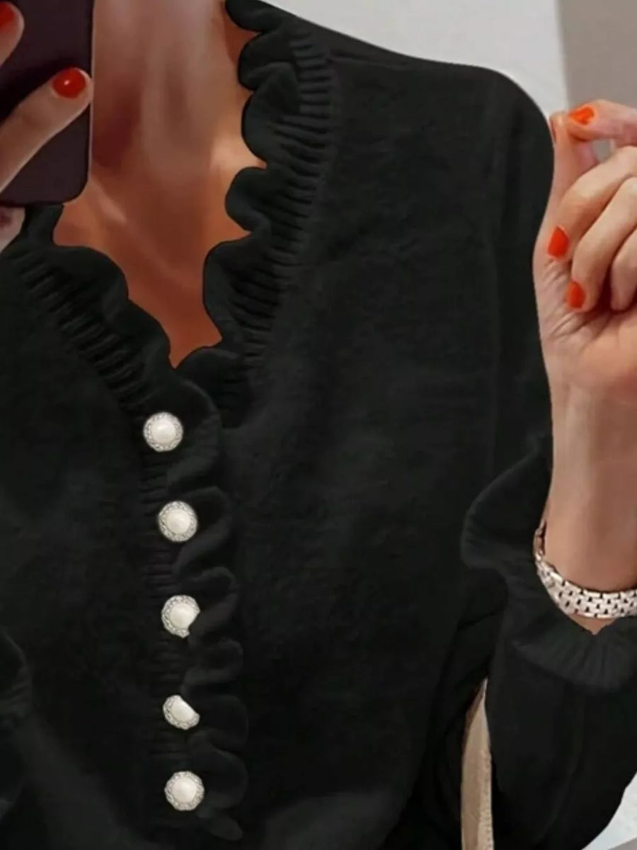 White Ruffled Pearl Button Sweater