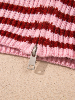 zip-up sweater featuring striped in burgundy with 65% polyester, 35% cotton Care instructions: Machine wash cold texture