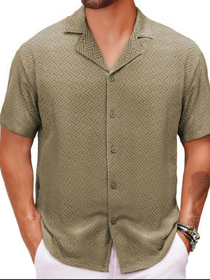 Textured resort collar shirt in Moss with geometric pattern and button front.