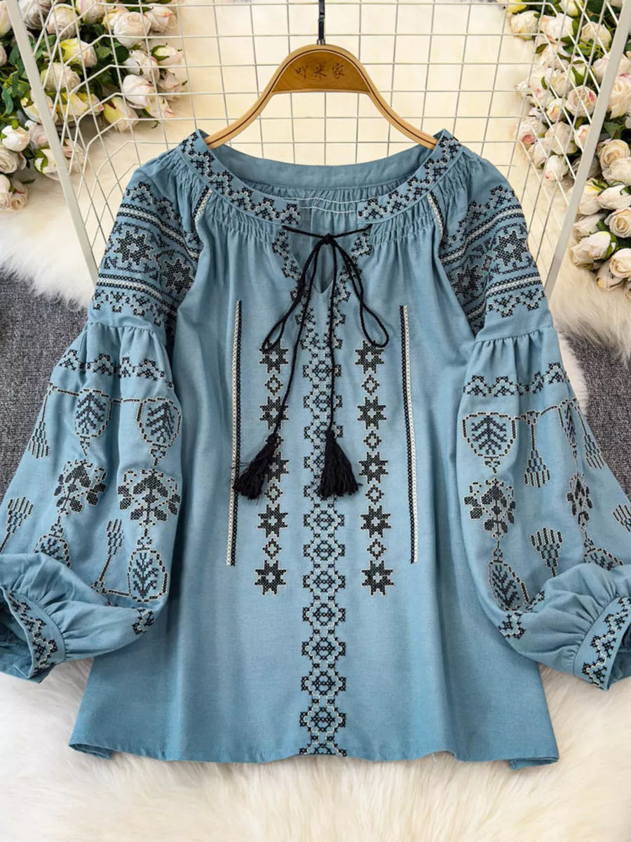 Light Blue Bohemian Embroidered Blouse With Tassel Tie