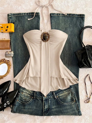 Apricot Embellished Front Halter Neck Cami