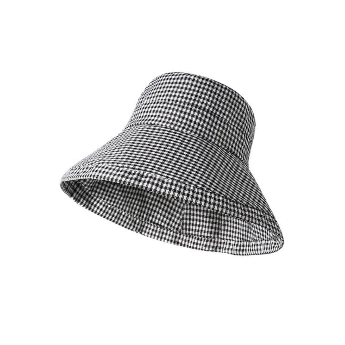 Gingham wide brim bucket hat in black and white checkered pattern.