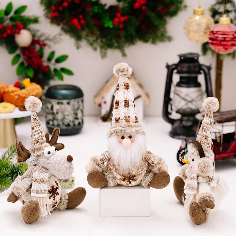 Christmas knit ornaments: reindeer, gnome, snowman in brown and cream checkered patterns.