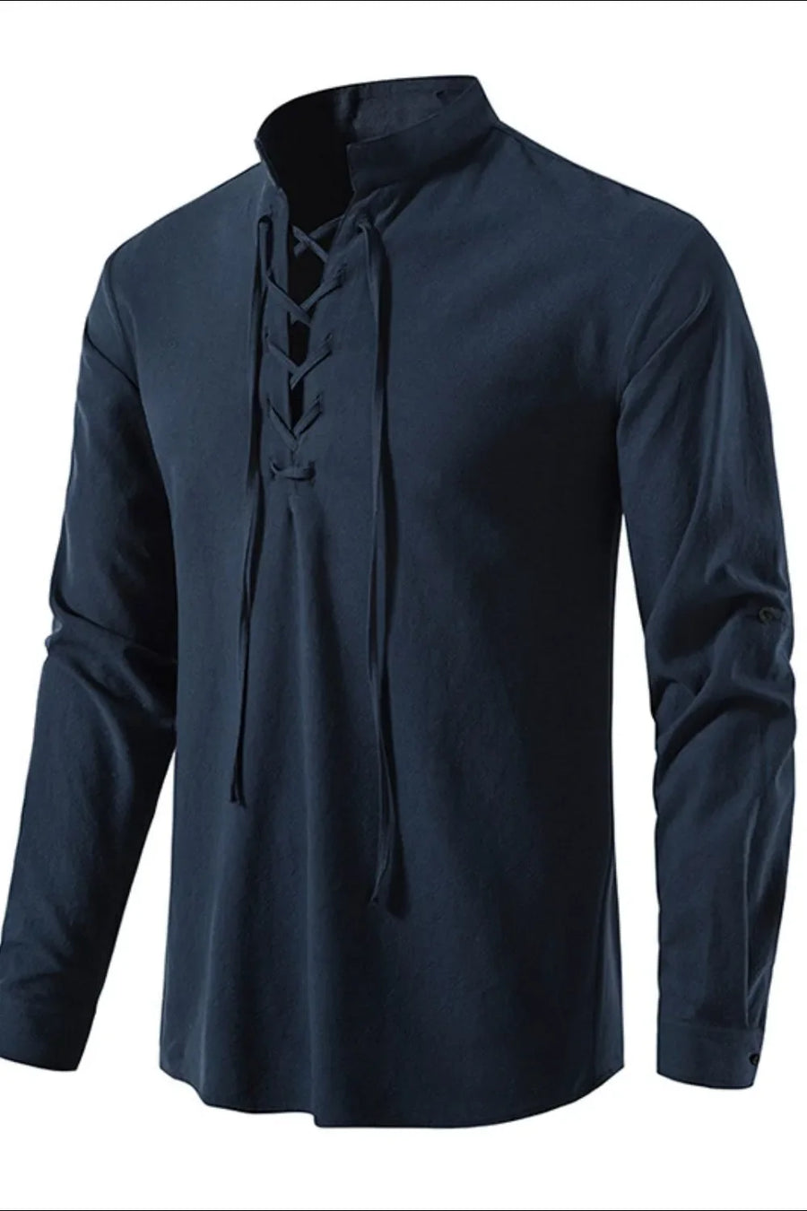 Navy linen henley shirt with lace-up collar and long sleeves