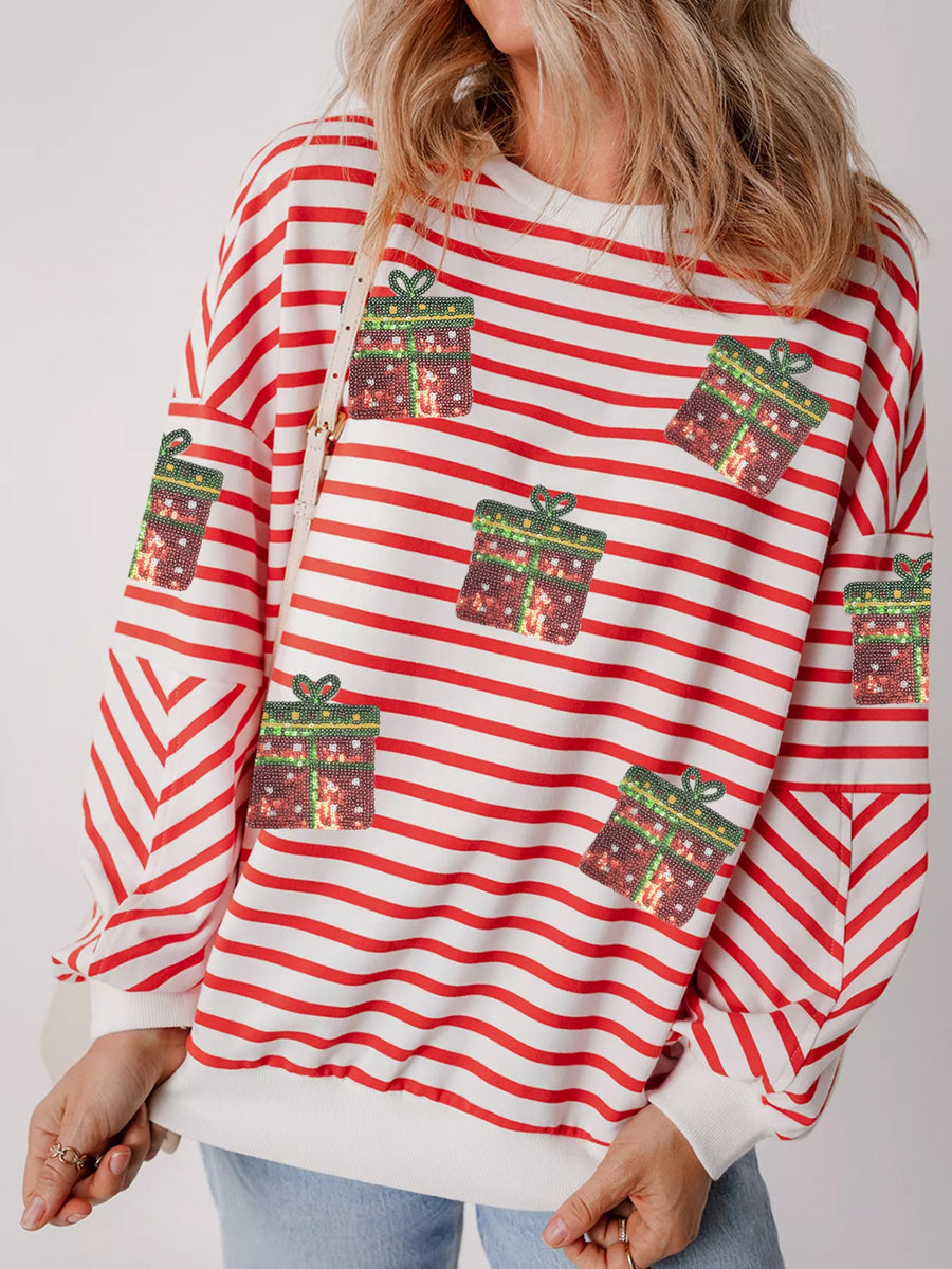 Red and white striped sweatshirt with sequin gift box pattern