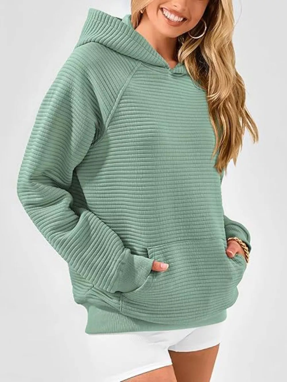 pullover hoodie in Blue with kangaroo pocket and hip-length