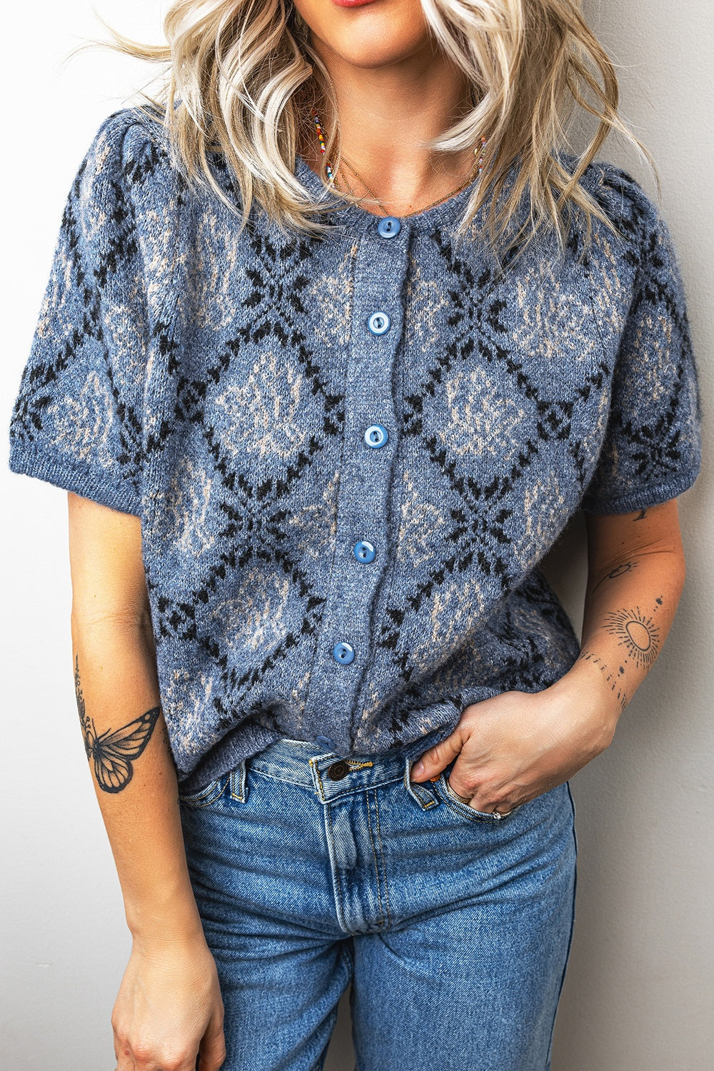 dusty blue cardigan with geometric and round neck