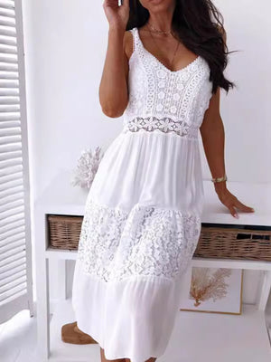 White lace trim V-neck cami dress with tiered skirt and crochet detail.