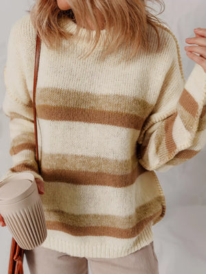 Drop shoulder sweater in cream with brown stripes, acrylic blend, baggy fit, crew neck.