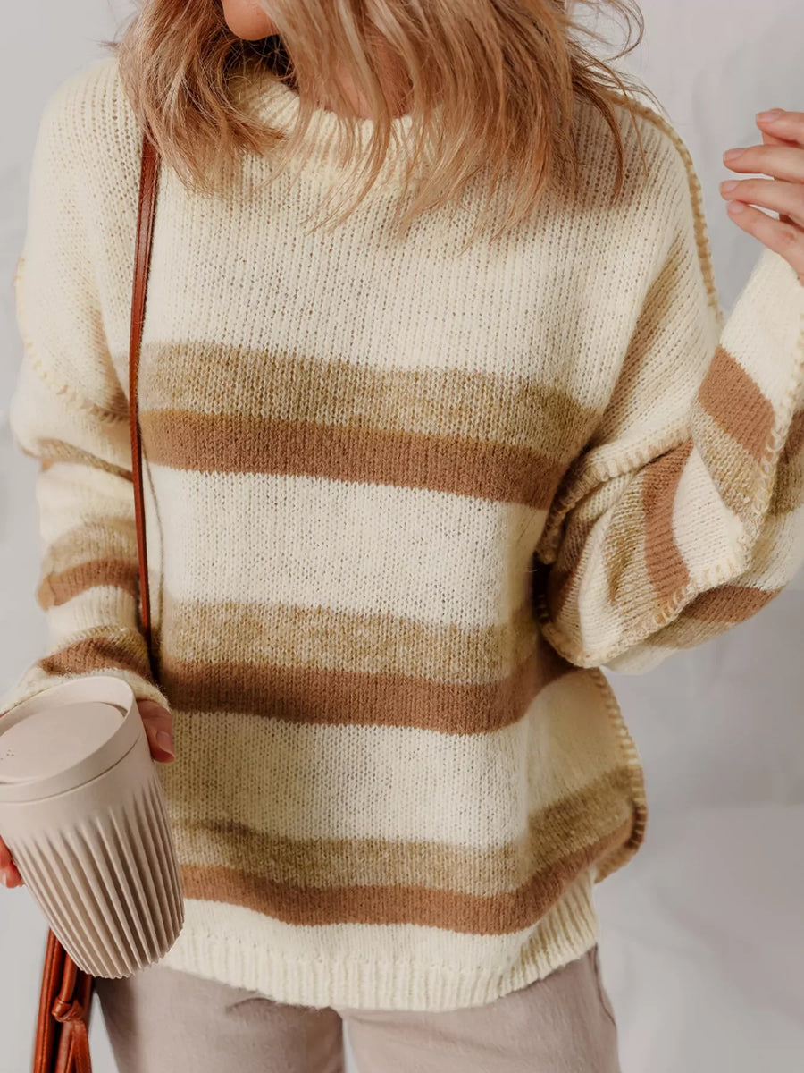Drop shoulder sweater in cream with brown stripes, acrylic blend, baggy fit, crew neck.