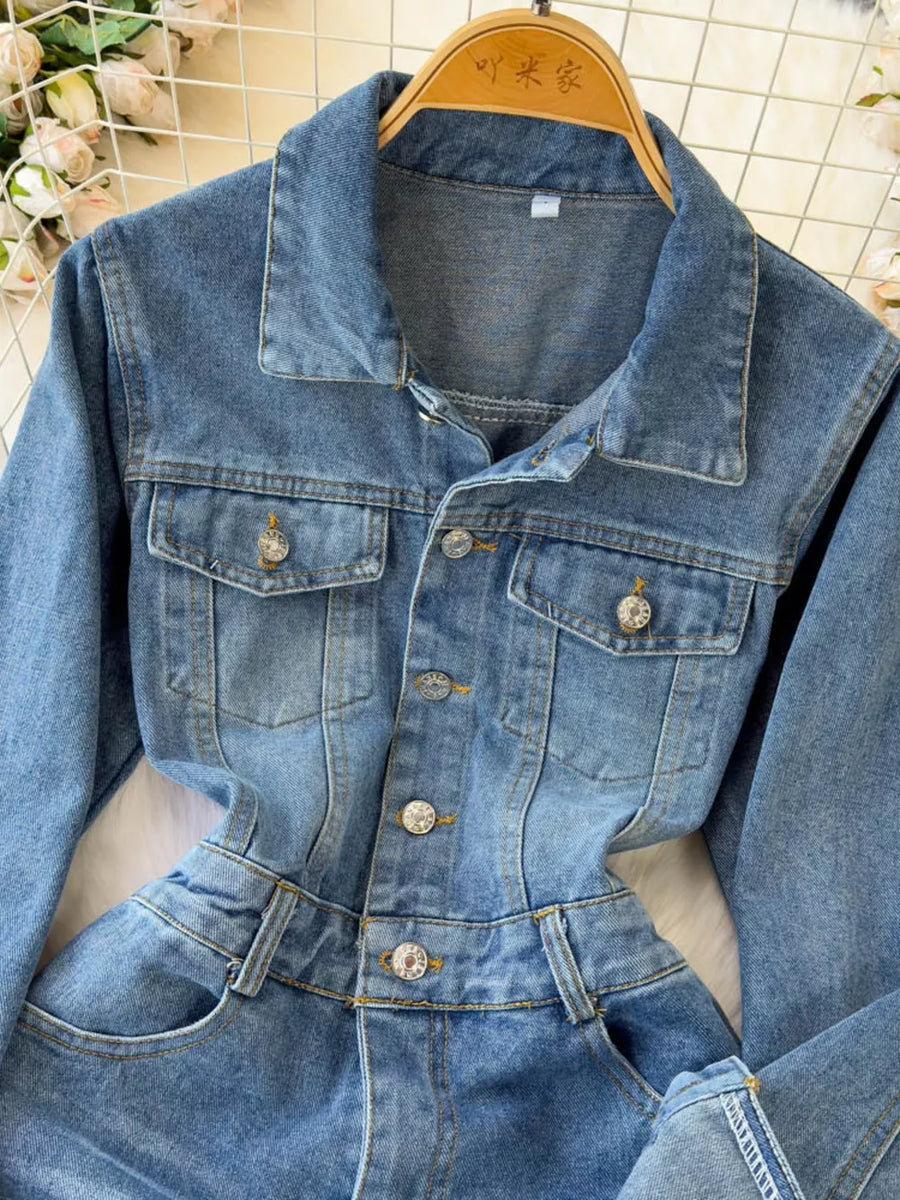 Denim jumpsuit with button front, collar, chest pockets, and waist detail.