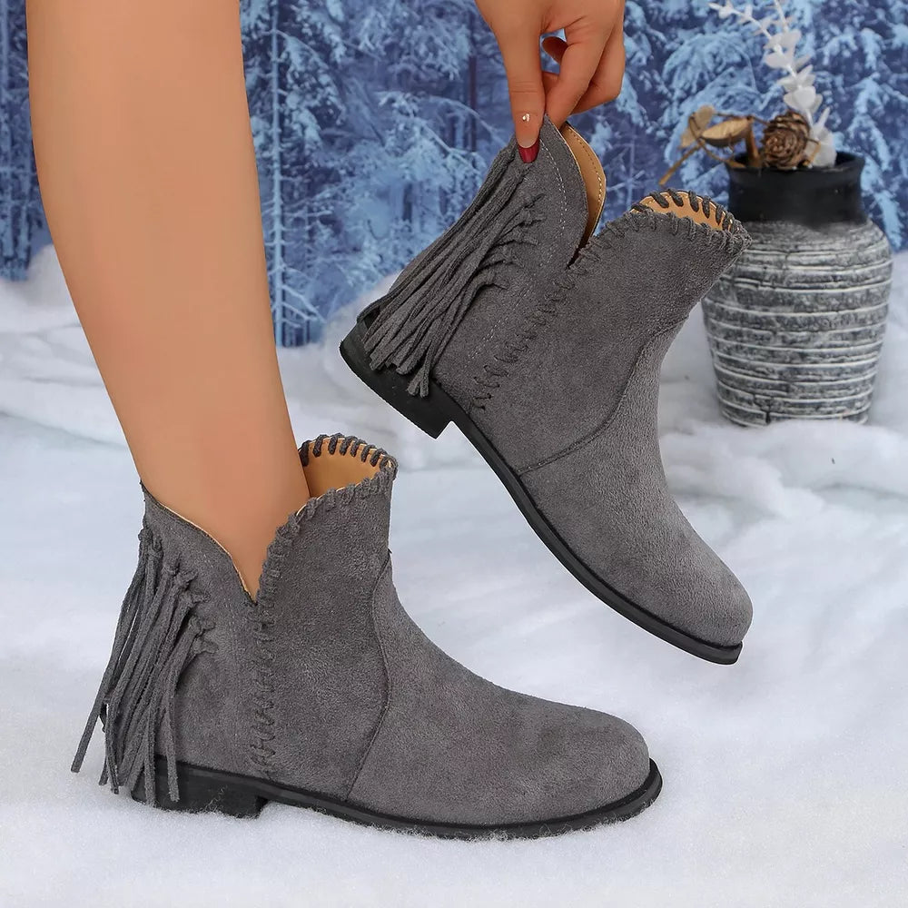 Fringe Point Toe Ankle Boots in Black with fringe detail