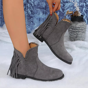 Fringe Point Toe Ankle Boots in Black with fringe detail