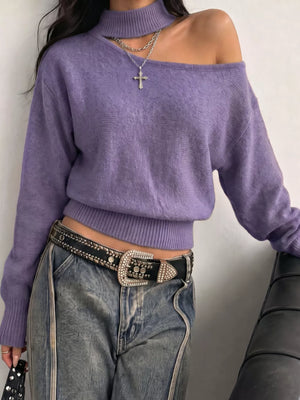 pullover sweater in lavender featuring cutout and relaxed fit