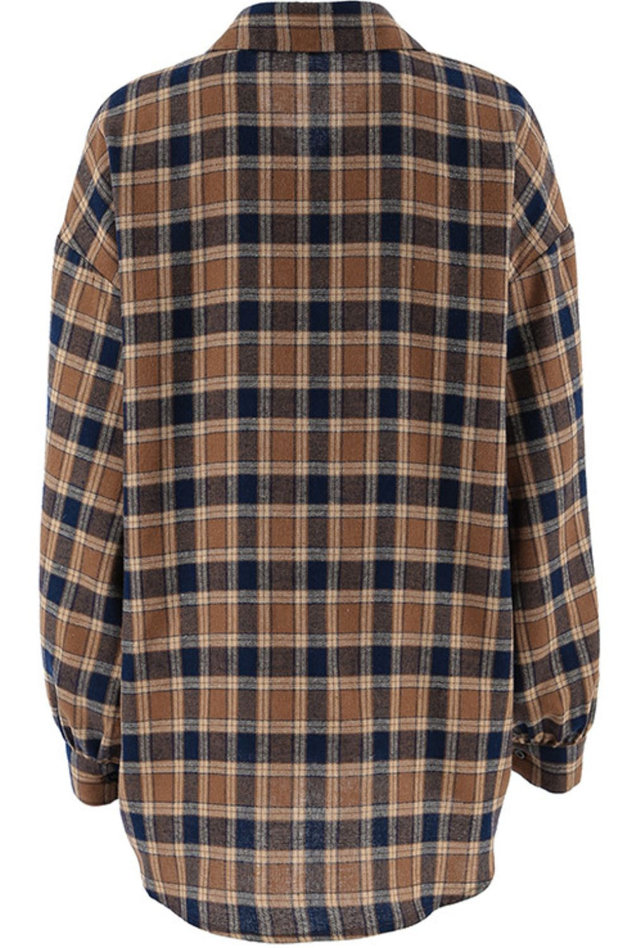 Oversized brown plaid button-up shirt jacket with a collared neckline and long sleeves.