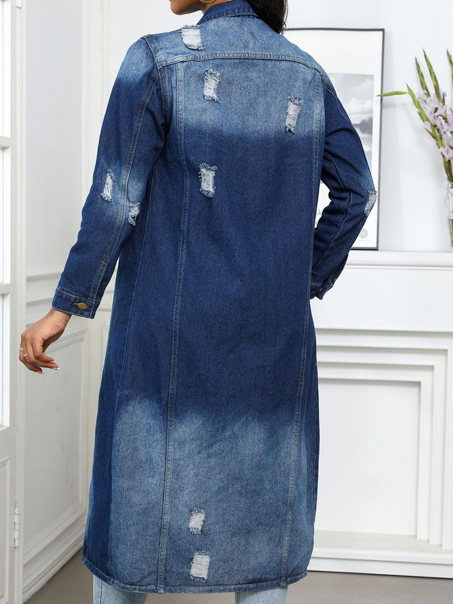 Distressed denim maxi jacket in medium wash with gold button detail and collared neckline.