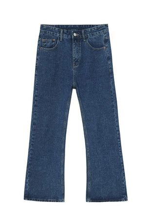 Vintage wash flare denim trousers in dark blue with a classic five-pocket design.