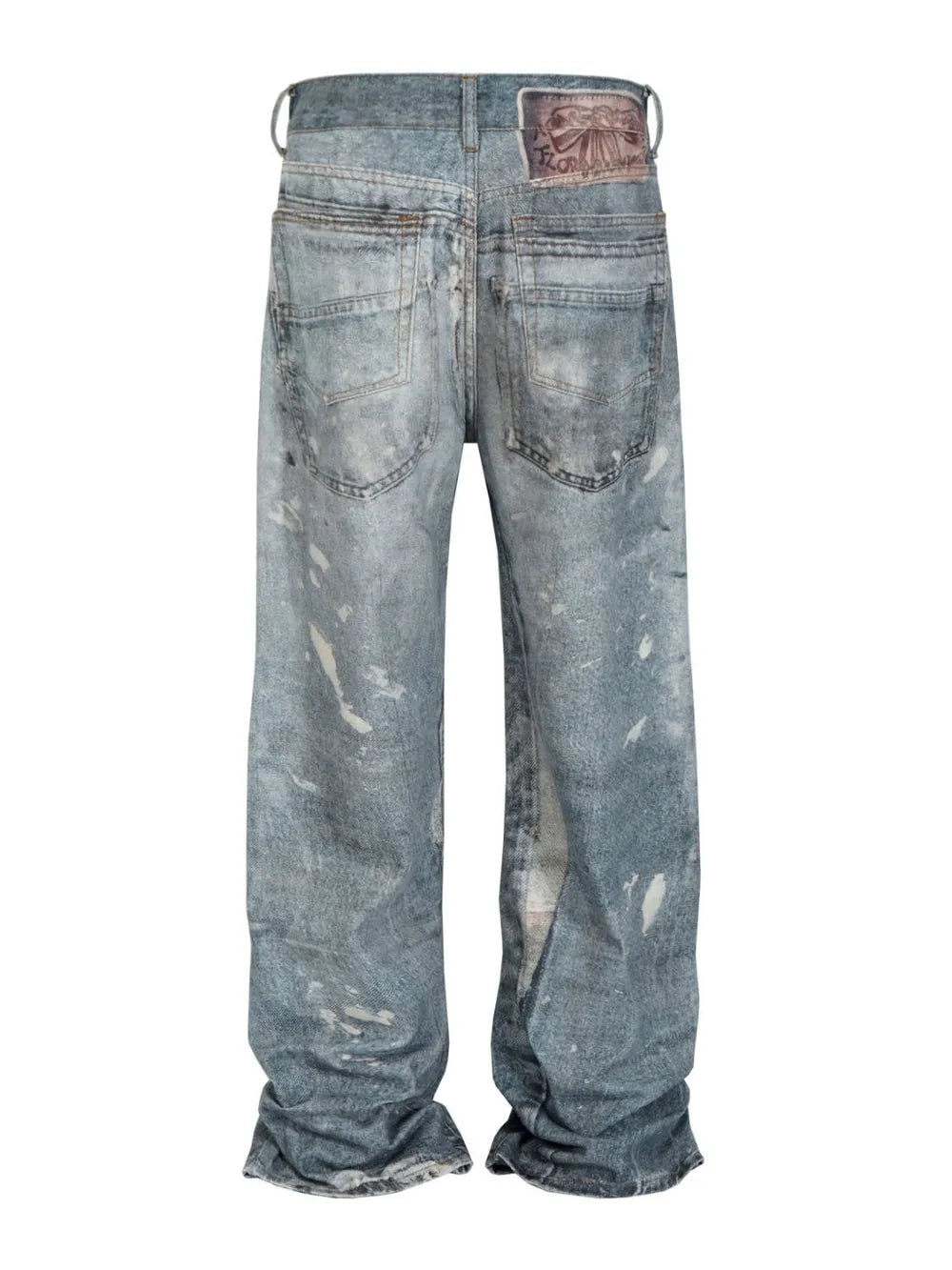 Medium wash distressed wide-leg denim jeans with paint splatters and a leather patch.