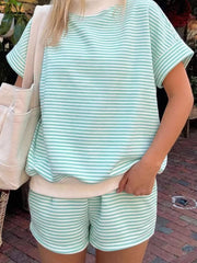 Striped mint and white knit lounge set with crew neck top and drawstring shorts.