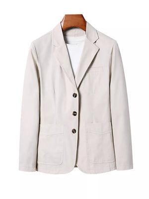 Off-white cotton lapel blazer for men with button closure and patch pockets.