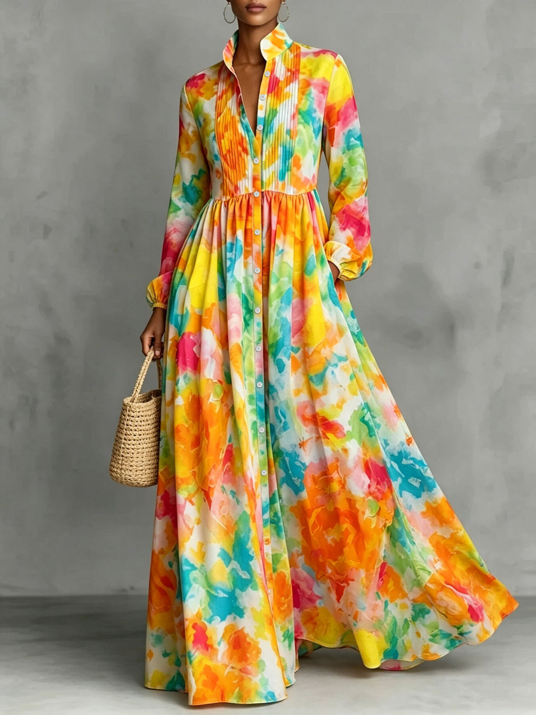 orange maxi dress with watercolor-print and mandarin collar