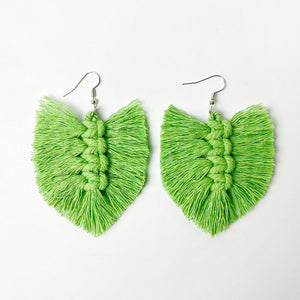 Macramé leaf fringe statement earrings in bright green with boho style.