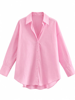 Full Size Oversized Button-Down Long Sleeve Shirt in White with high-low hem