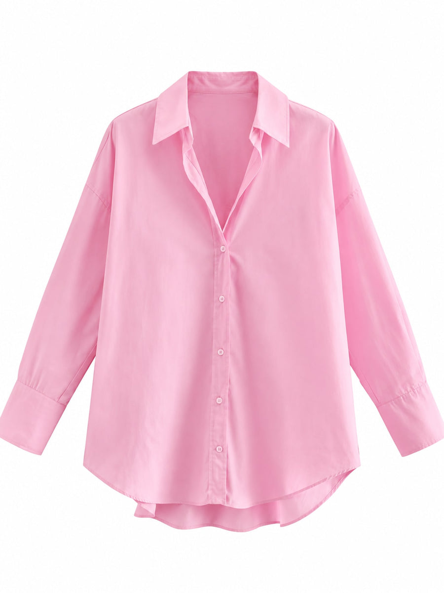 Full Size Oversized Button-Down Long Sleeve Shirt in White with high-low hem