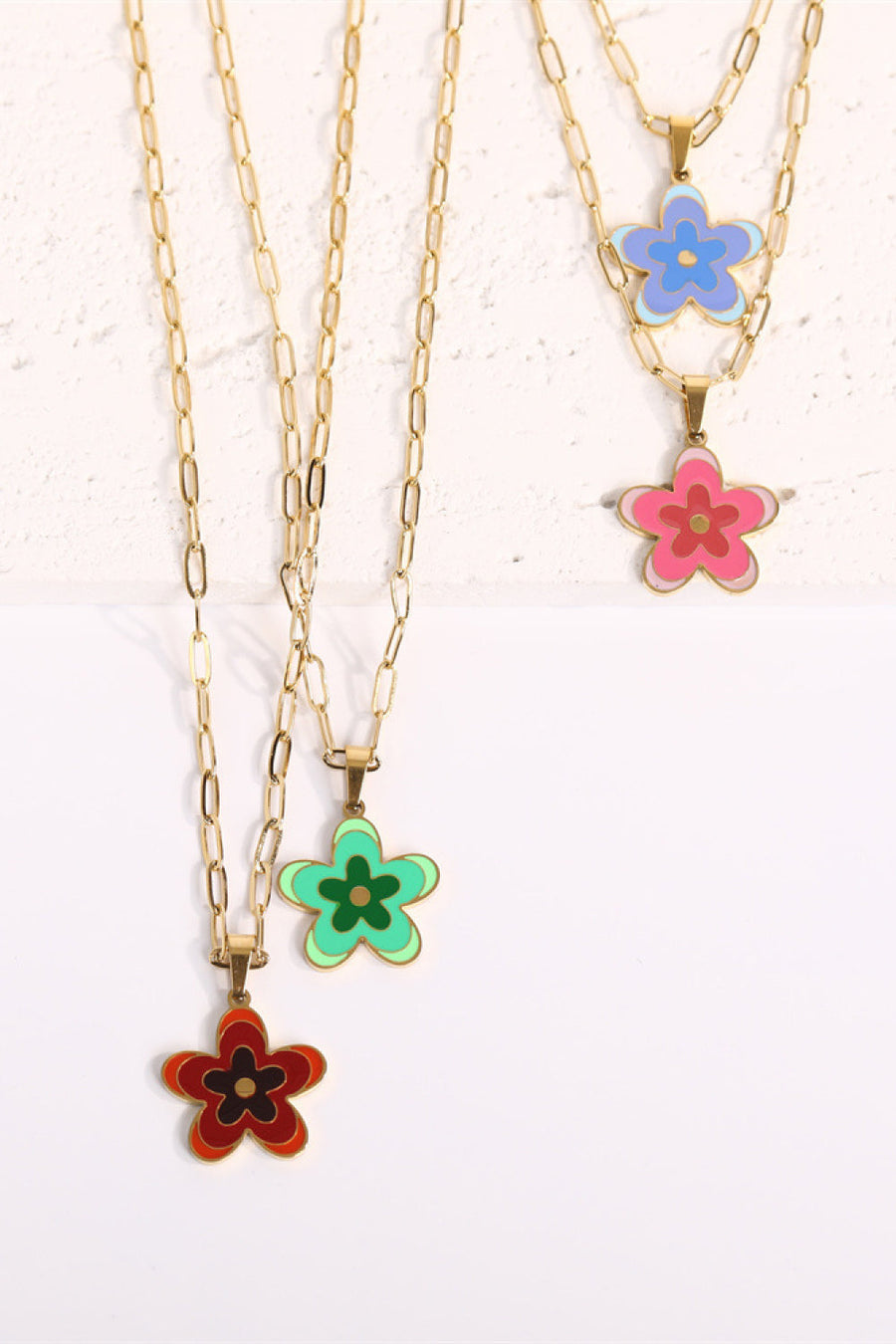 Enamel floral pendant chain necklace in Deep Red, Green, and Pink on 18K gold-plated chain.