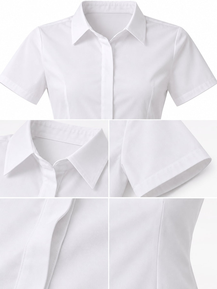 White-Short Sleeve Anti-Gaping button-down shirt with plus-size and long sleeve