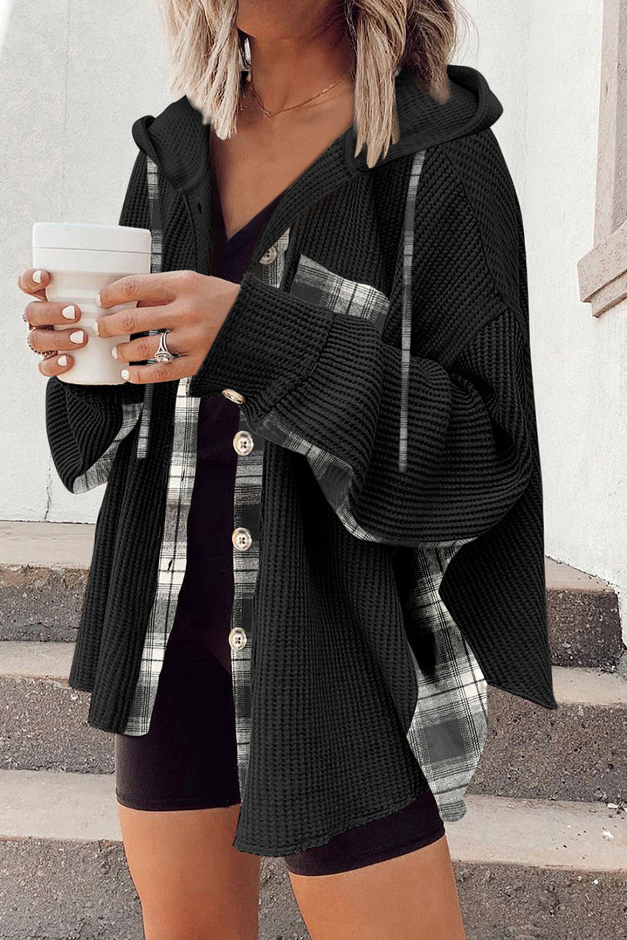 Black waffle knit shacket with plaid trim and hood, button front detail