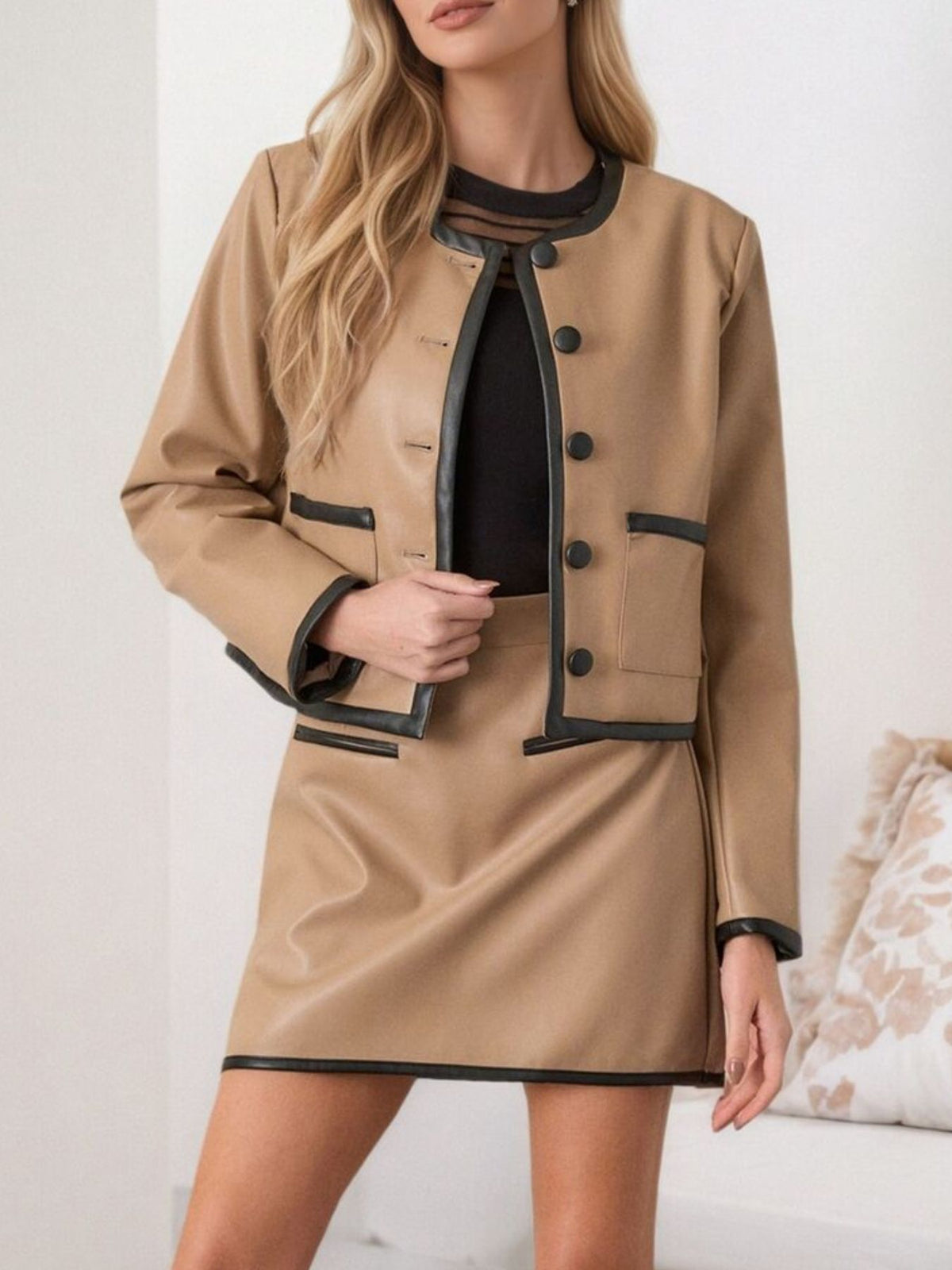 100% polyester Care instructions: Machine wash cold skirt set in Tan with boxy silhouette