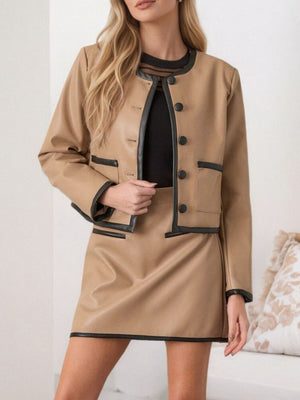 100% polyester Care instructions: Machine wash cold skirt set in Tan with boxy silhouette