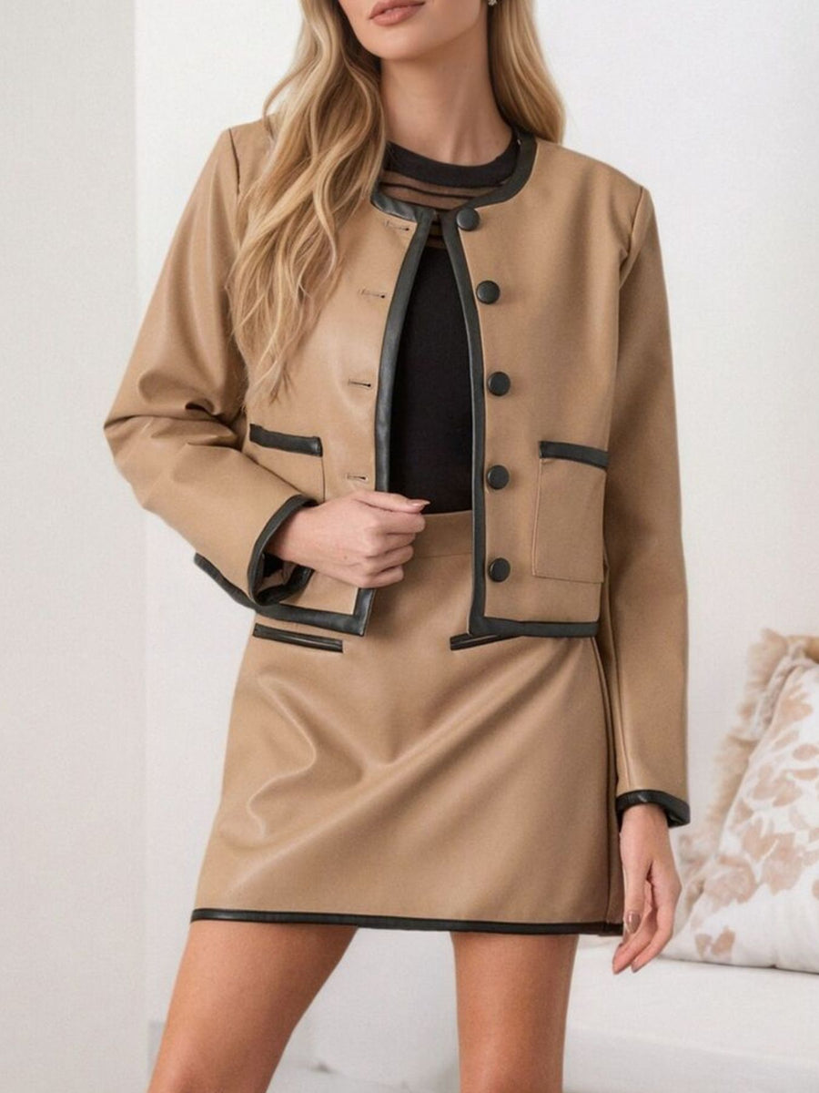 100% polyester Care instructions: Machine wash cold skirt set in Tan with boxy silhouette