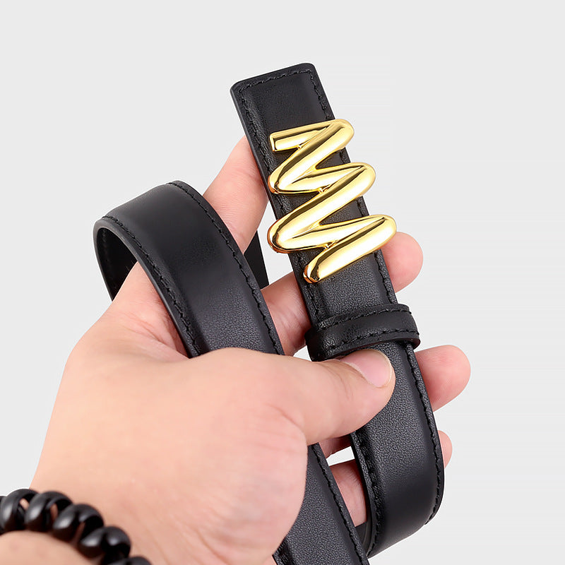 Black cowhide leather belt with glossy gold buckle