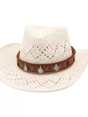 Women's ivory woven cowboy hat with boho patterned band and coin charms