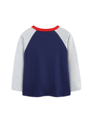 Baby long sleeve tee in navy and heather gray with red trim, cotton.