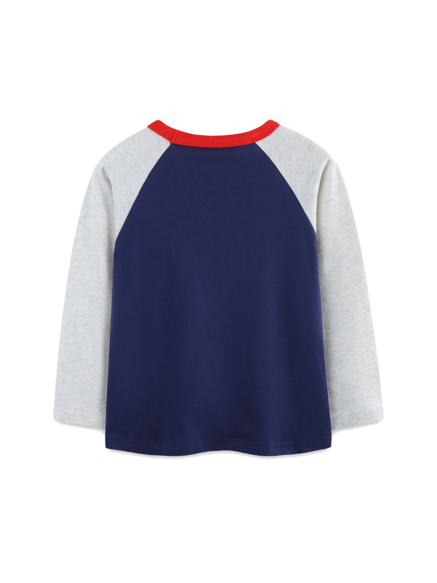 Baby long sleeve tee in navy and heather gray with red trim, cotton.