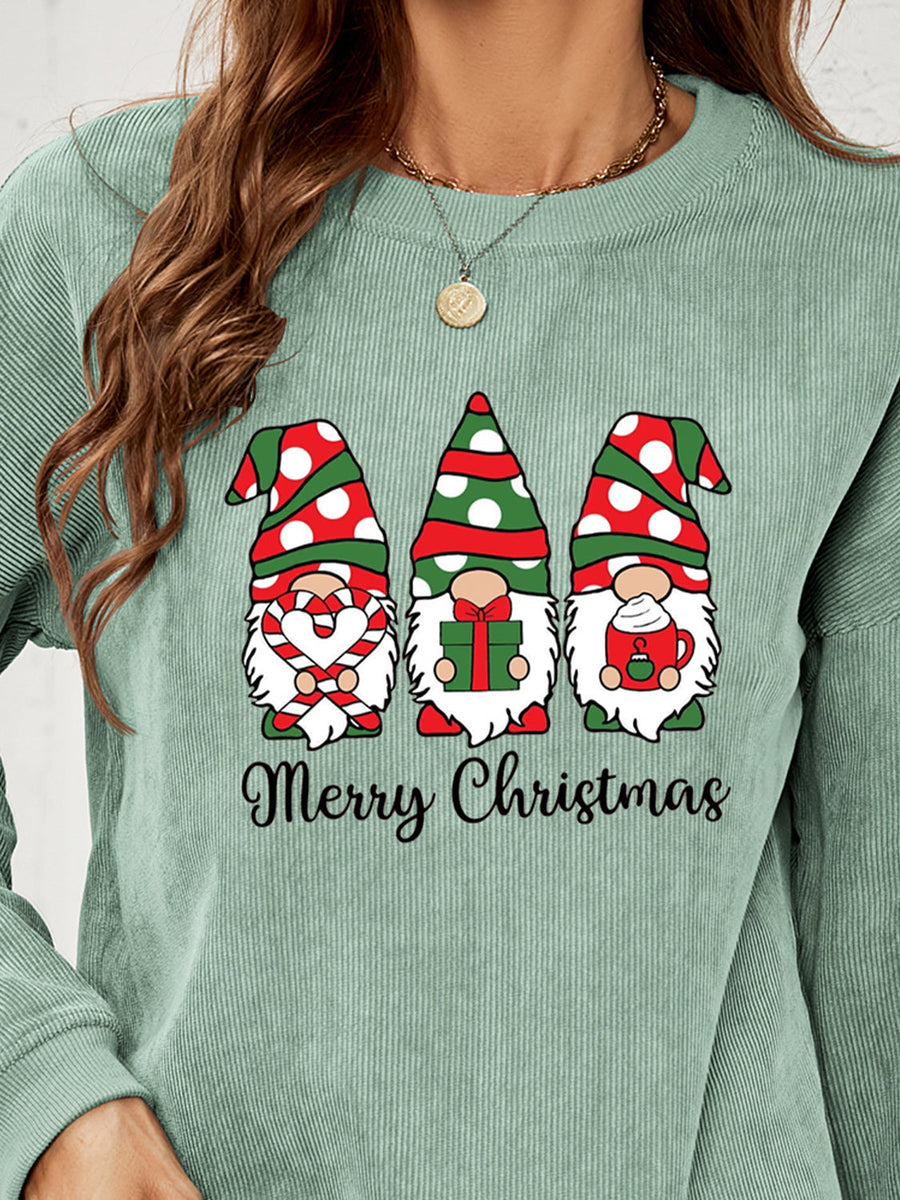 Sage corduroy sweatshirt with Christmas gnomes and Merry Christmas text.
