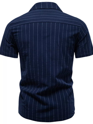 Navy striped short-sleeve cotton shirt with camp collar and button front.