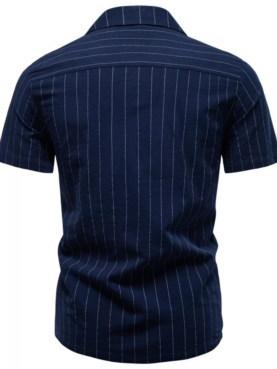 Navy striped short-sleeve cotton shirt with camp collar and button front.