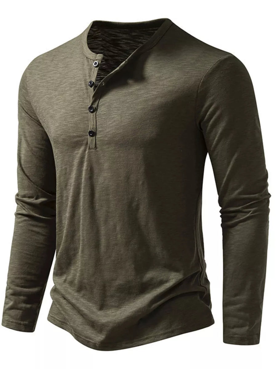 Men's Long Sleeve Henley T-shirt in Khaki Color